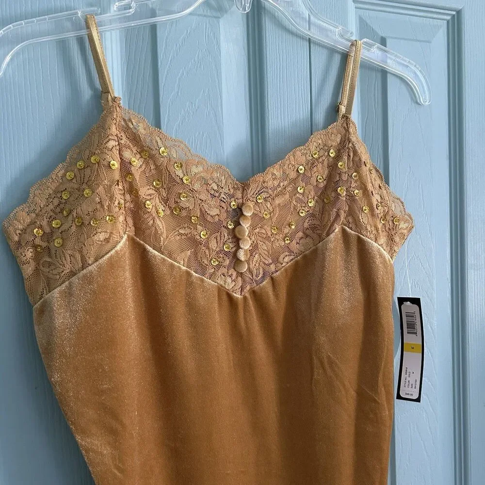 Maurice Sasson Y2K Gold Velvet Lace Tank Top Medium Fairycore Whimsigoth V-Neck - Picture 2 of 9